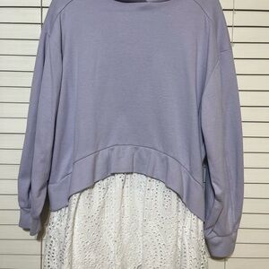 Anthropologie Lavender Sweatshirt hoodie with White Eyelet bottom. Sz small